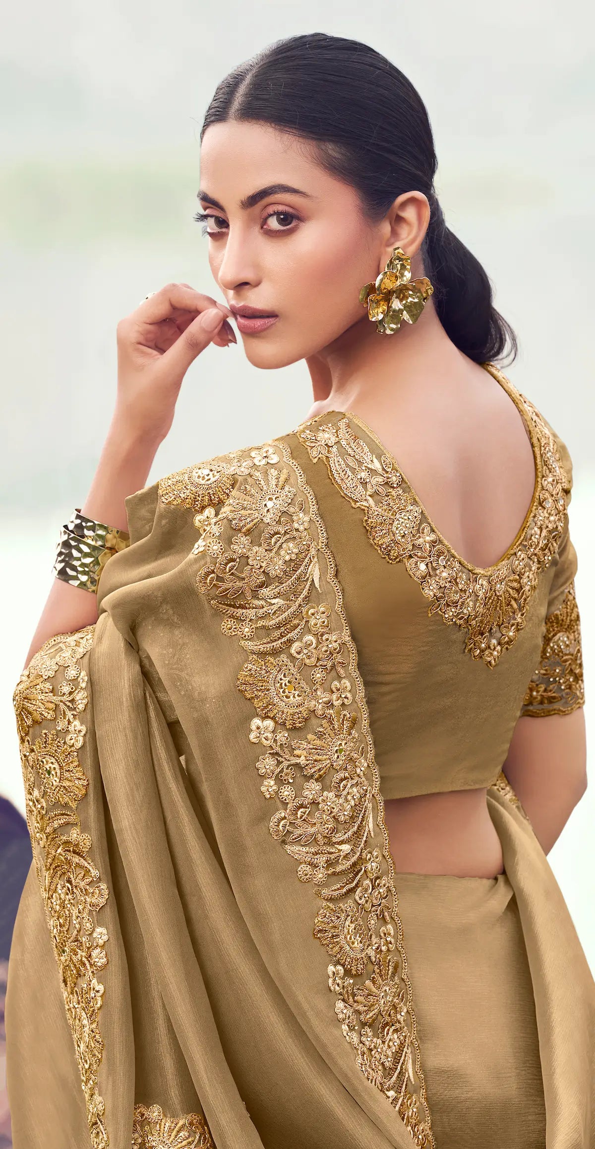 Golden Beige Silk Heavy Embroidery & Hand Work Saree
