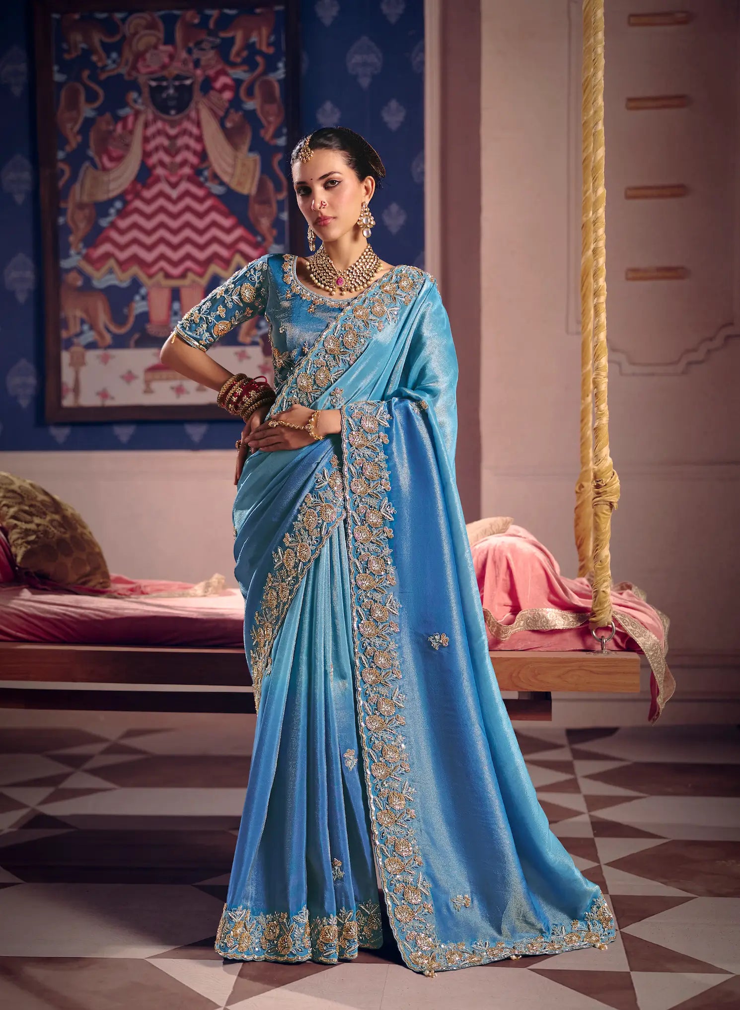 Shaded Blue Silk Heavy Embroidered Saree