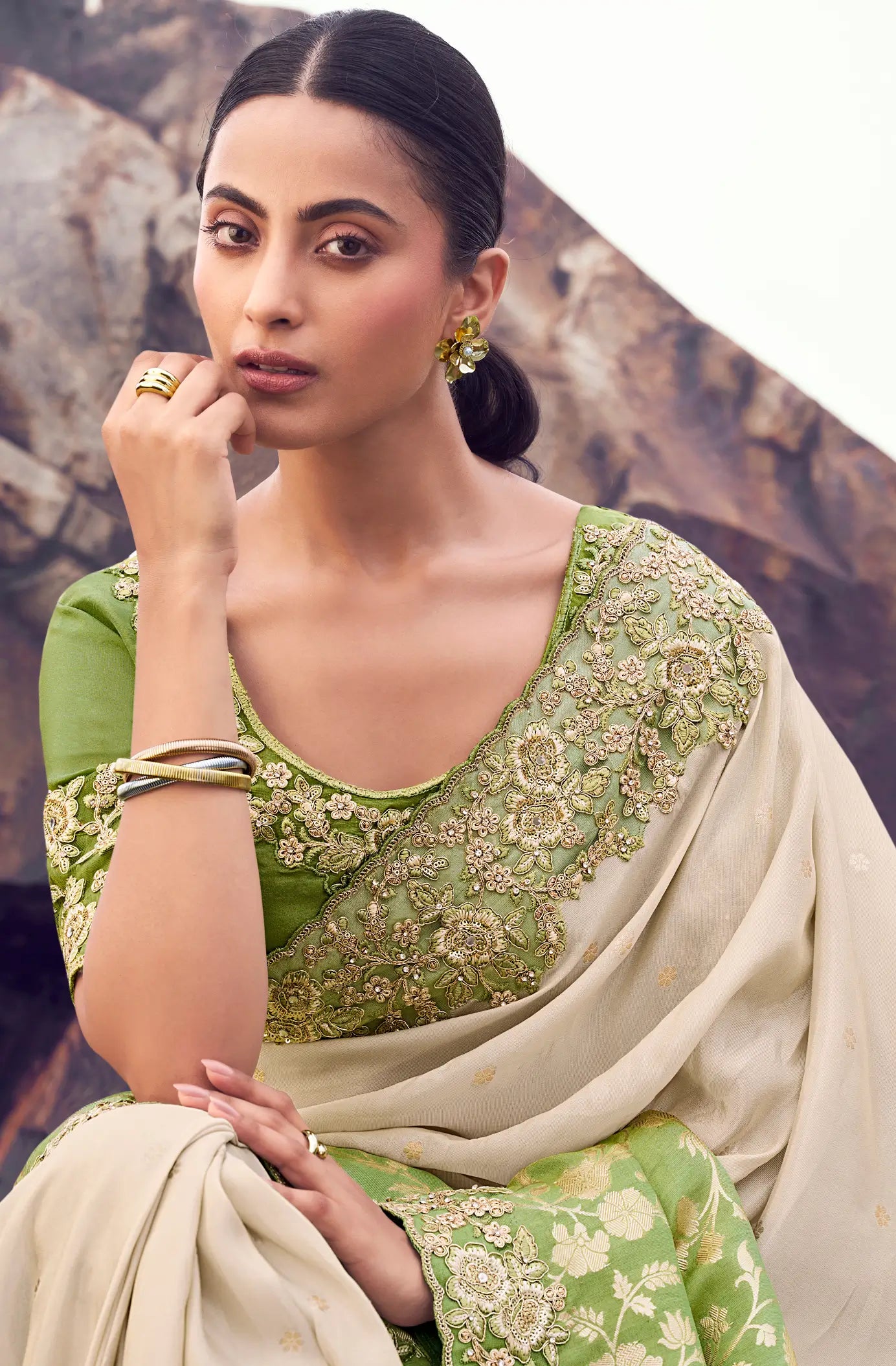 Green-Beige Silk Heavy Embroidery & Hand Work Saree