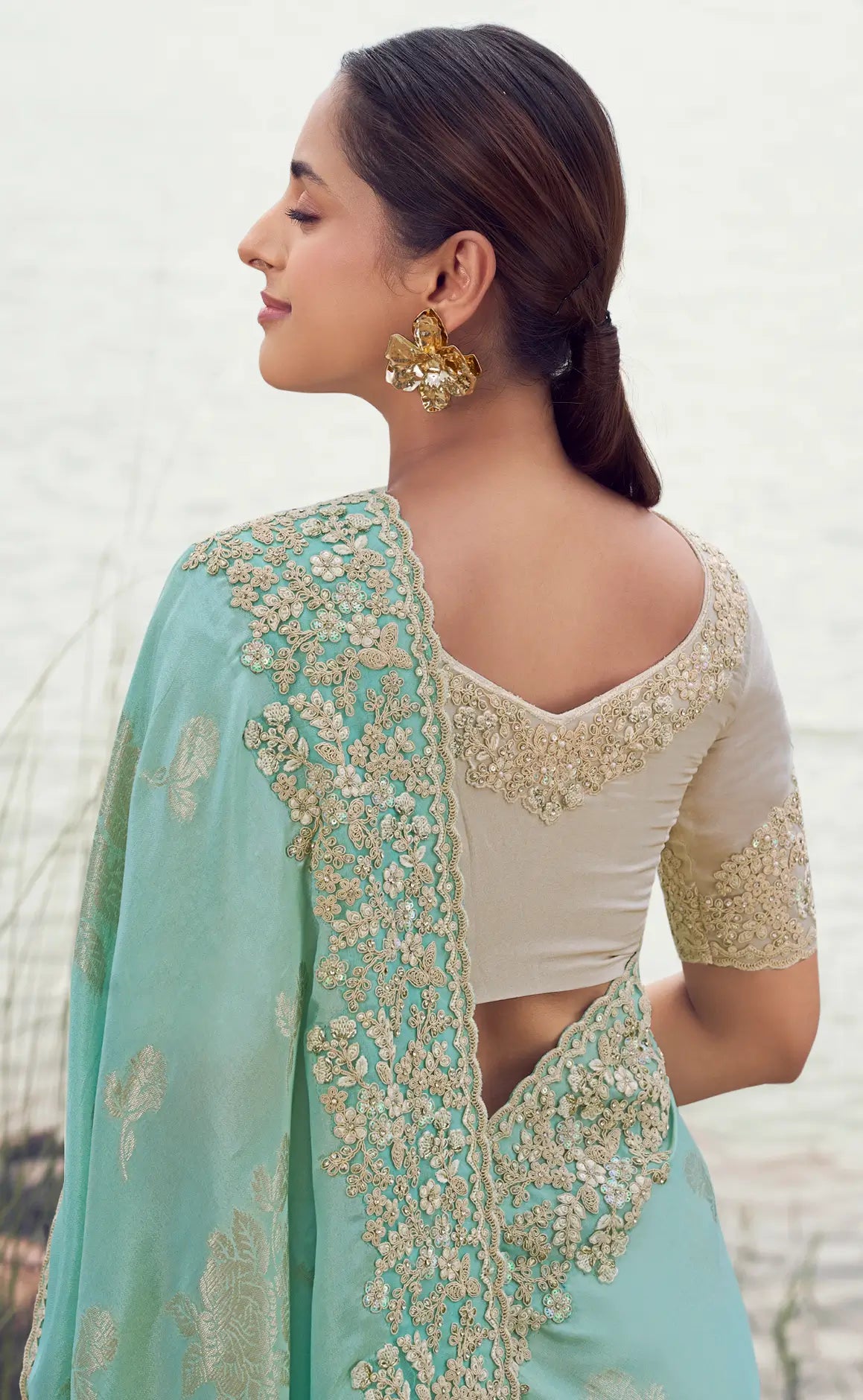 Sky Blue Silk Heavy Embroidery & Hand Work Saree