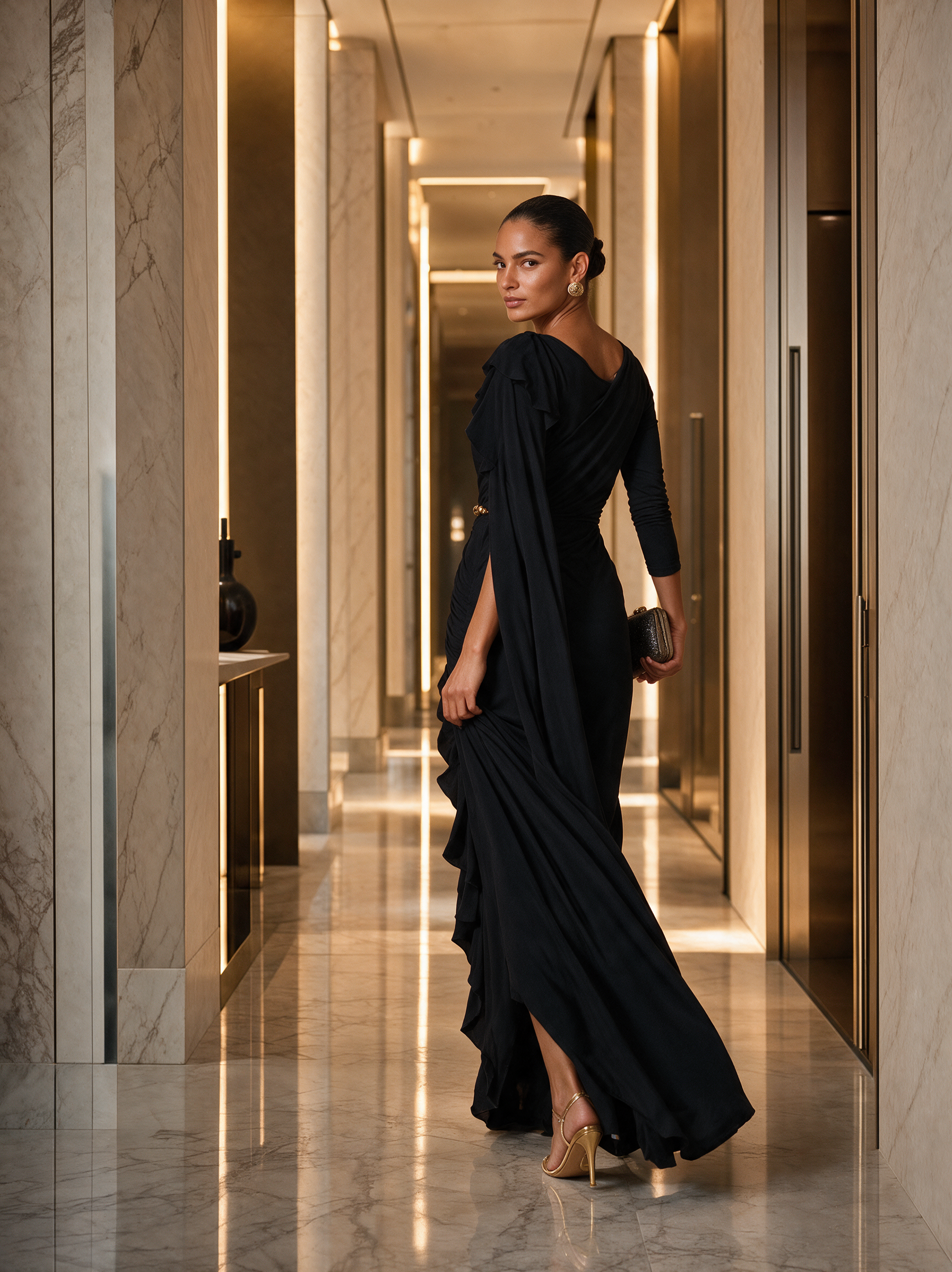Women's Black One‑Shoulder Sash Ruched Mermaid Evening Gown MDZ0350I1R