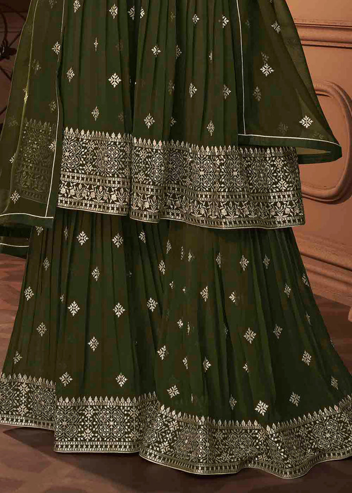 Juniper Green Designer Georgette Plazzo Suit with Sequin & Thread work: Top Pick By Qivii