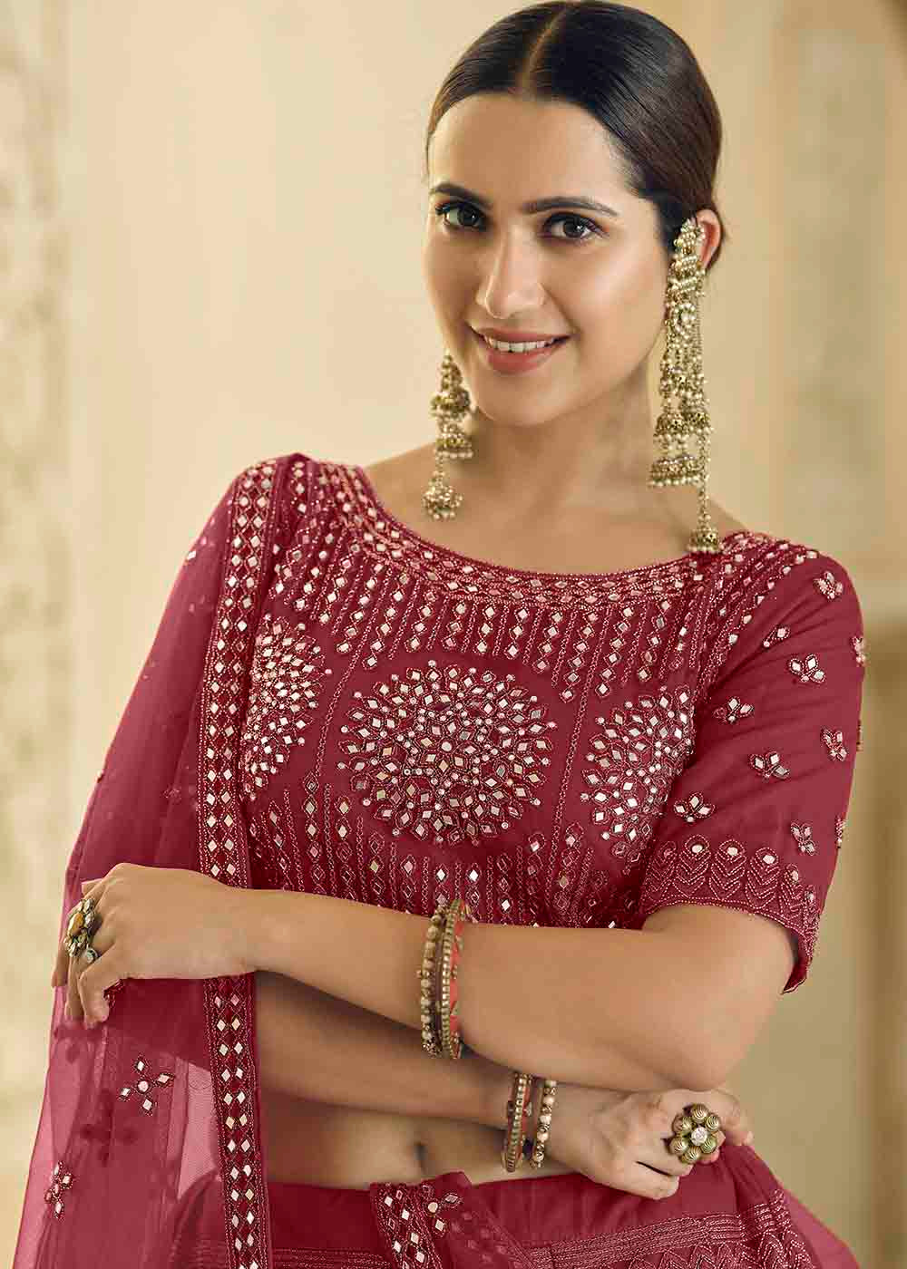 Burgandy Red Soft Net Lehenga Choli with Dori & Mirror work | Ready To Wear - qivii