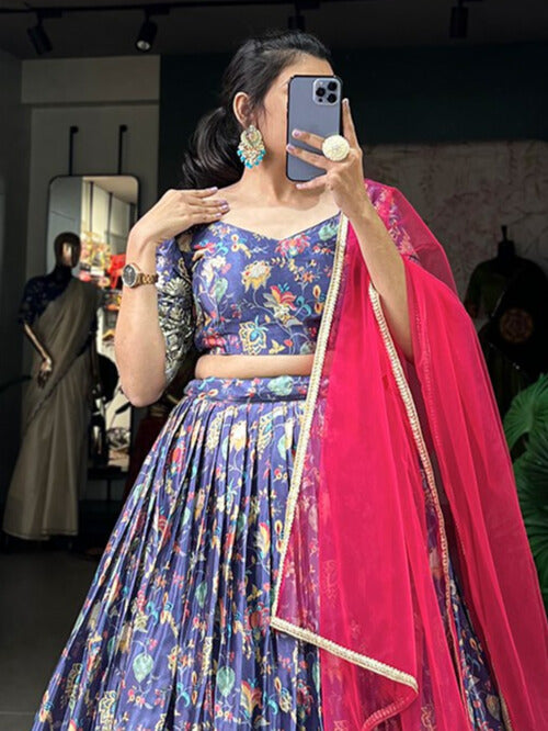 Chinon Digital Print With Embroidery Sequins Work Lehenga Choli In Lavender Color