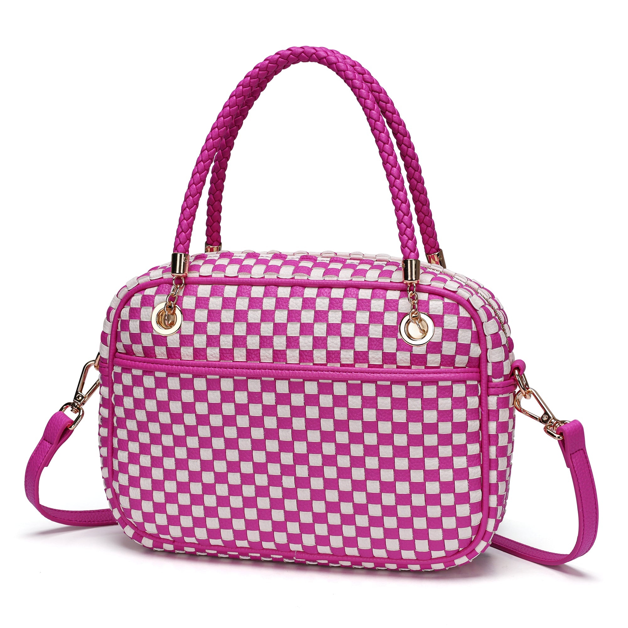 Ounamei Chic Checkered Woven Handbag Top Handle Crossbody Shoulder Bag Vegan Leather