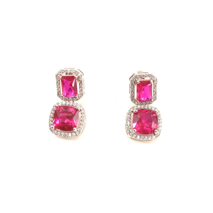 Daya Magenta Stones Silver Plated Diamond Earrings