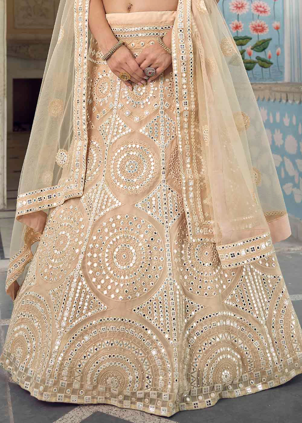 Bisque Brown Organza Lehenga Choli with Foil,Thread & Mirror work | Ready To Wear - qivii