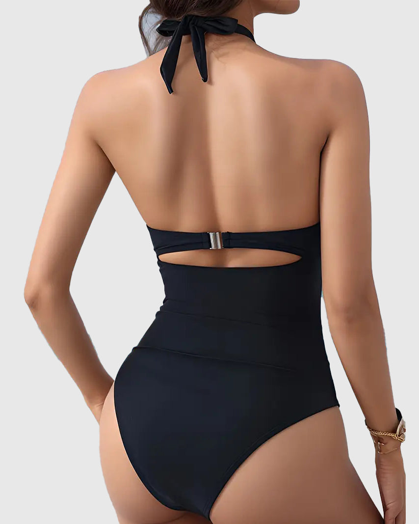 Cross Halter Ruched Front Cutout Backless One Piece Swimsuit  - By Qivii