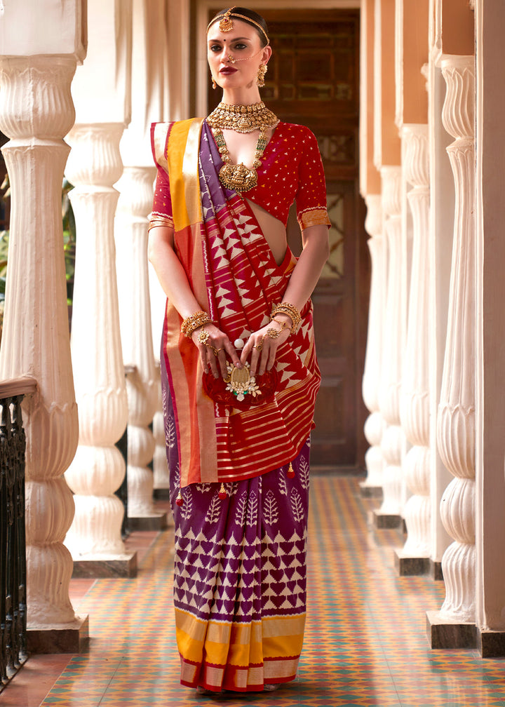 Purple & Red Printed Patola Silk Saree