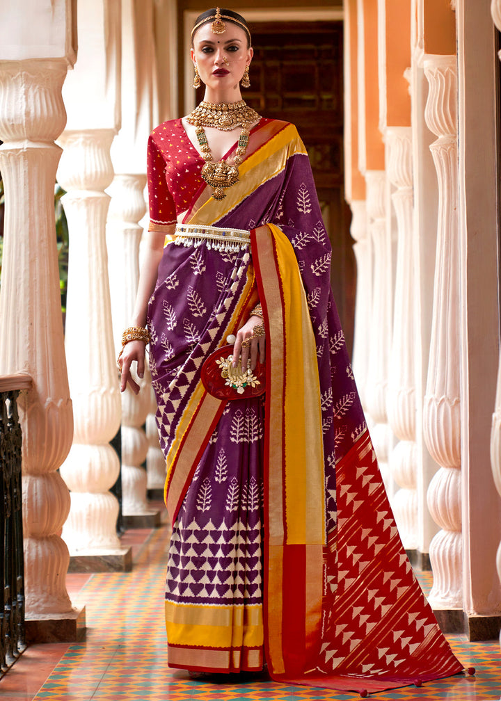 Purple & Red Printed Patola Silk Saree