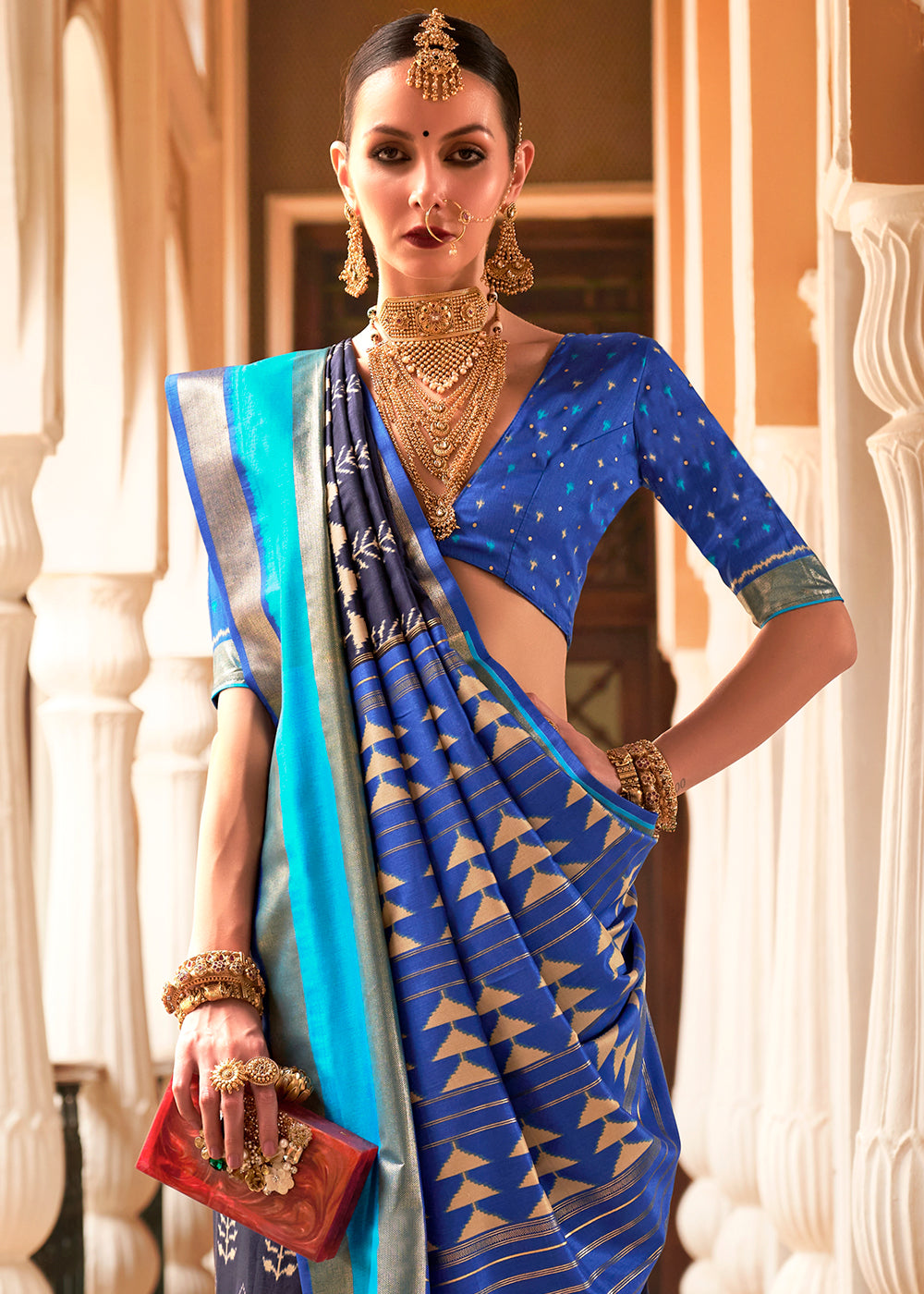 Shades Of Blue Printed Patola Silk Saree