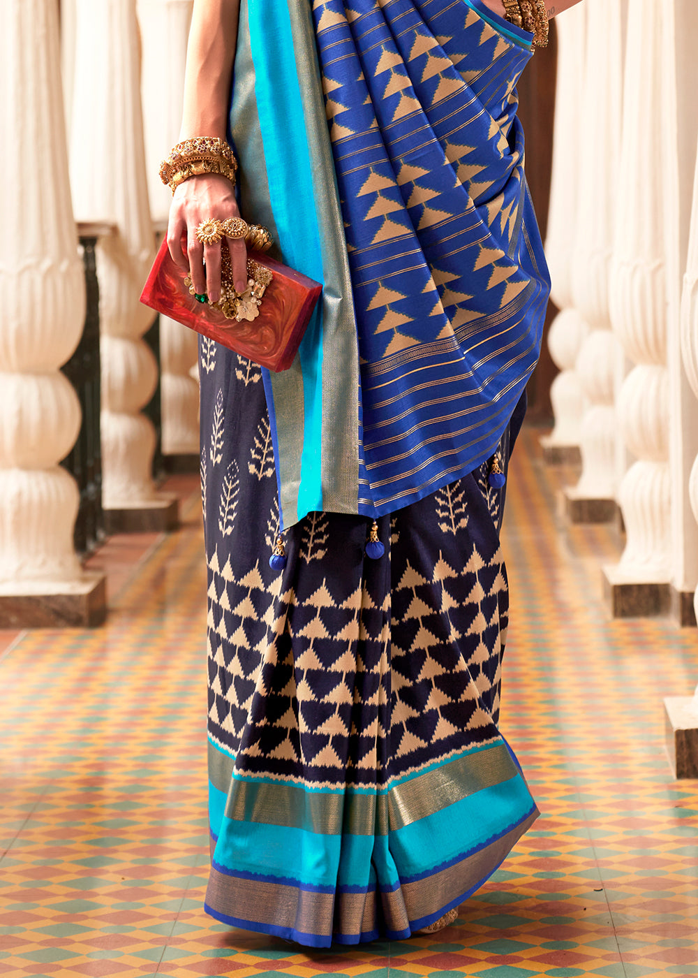 Shades Of Blue Printed Patola Silk Saree