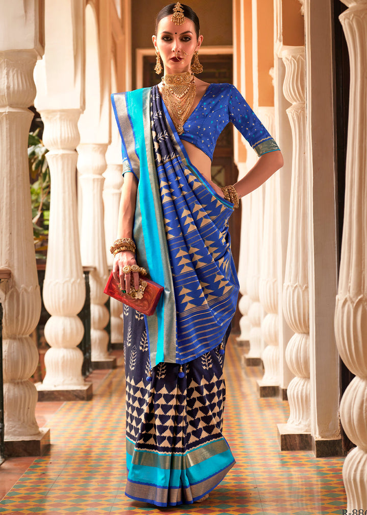 Shades Of Blue Printed Patola Silk Saree