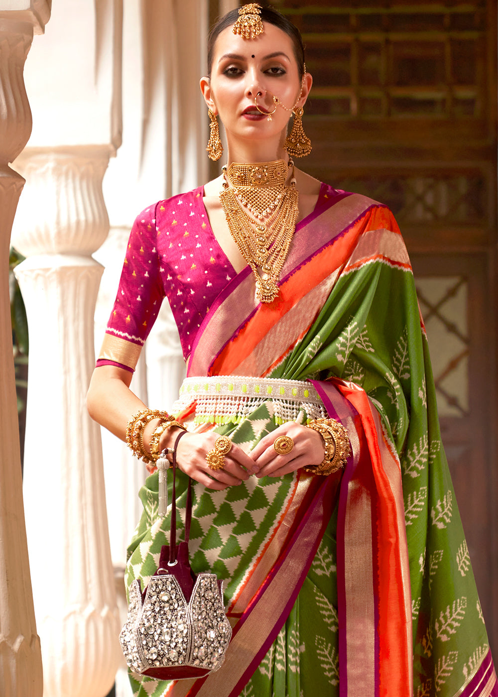 Green & Pink Printed Patola Silk Saree