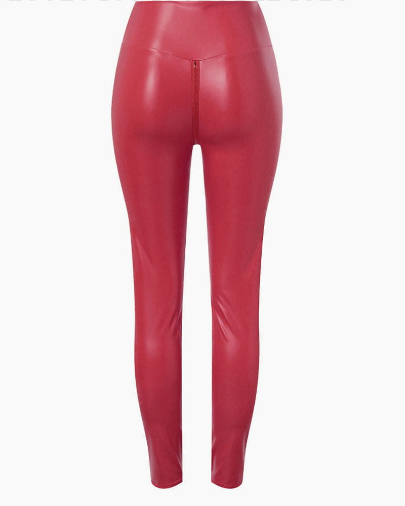 Sexy PU Leather Crotch Zipper Leather Pants for Curvy Women  - By Qivii