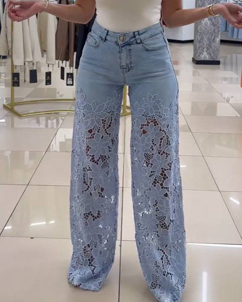 Shapshe® Cut out Floral Denim with Lace Wide Leg Jeans for Women  - By Qivii