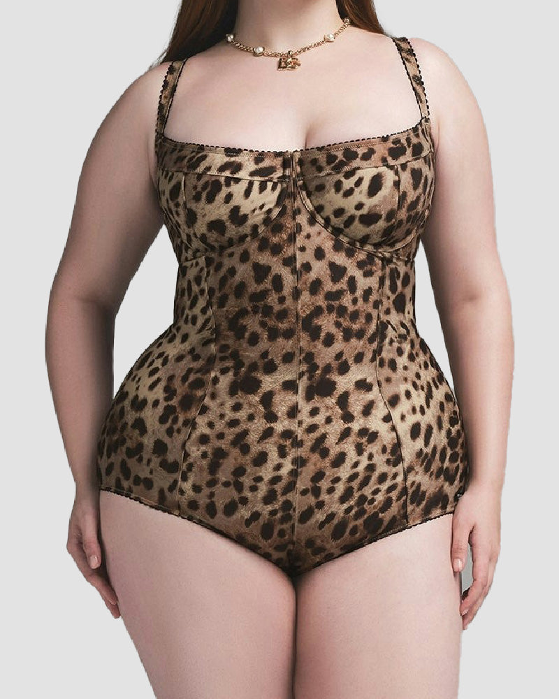 Shapshe® Sexy Leopard Picot-Trim Bodysuit Balconette Neck Stretch Shapewear