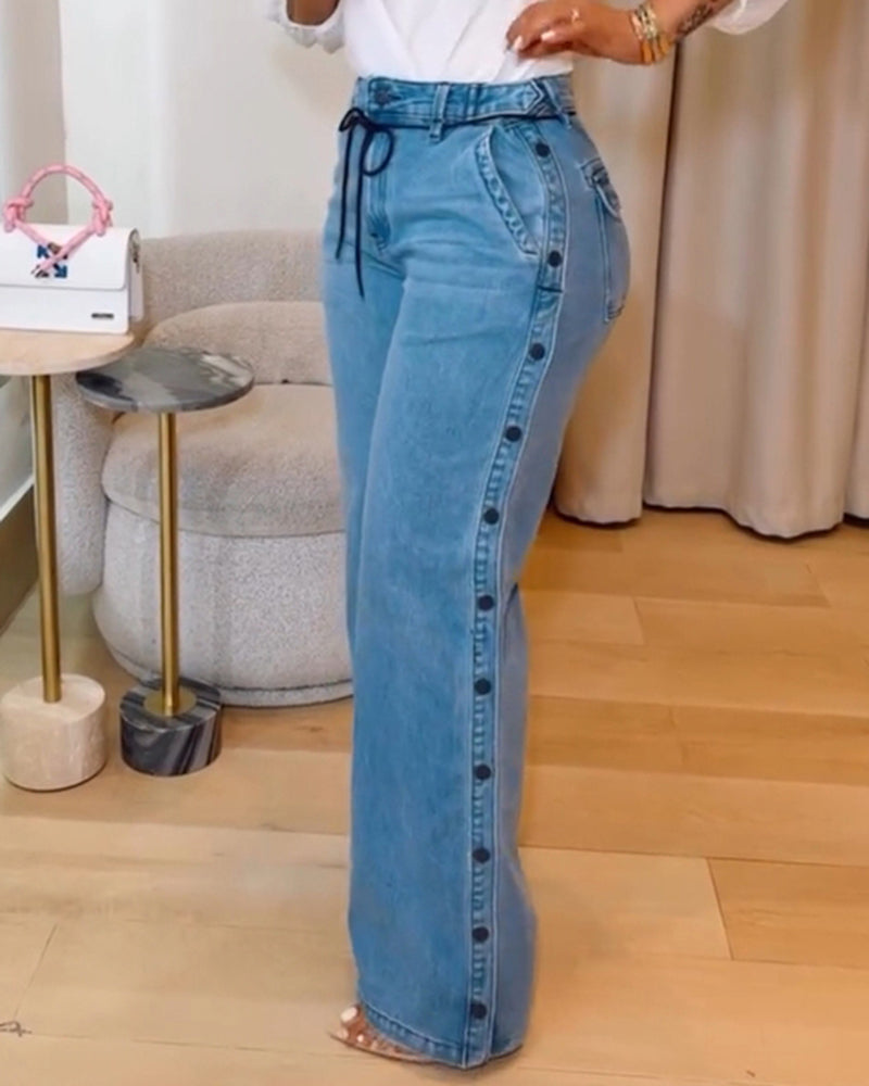 Shapshe® Straight Leg Wide Legs High Waist Baggy Side Snap Button Jeans  - By Qivii