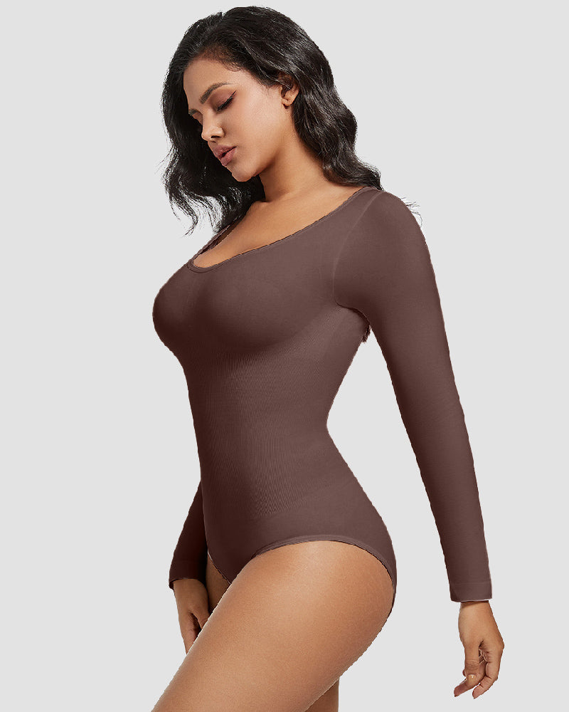 Seamless Crew Neck Long Sleeve Corset Bodysuit Tops Stretch Triangle Jumpsuit  - By Qivii