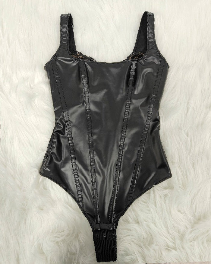 Shapshe® Shapewear Leather Lace Balconette Thong Sculpting Bodysuit  - By Qivii
