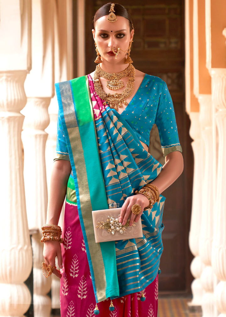 Blue & Pink Printed Patola Silk Saree