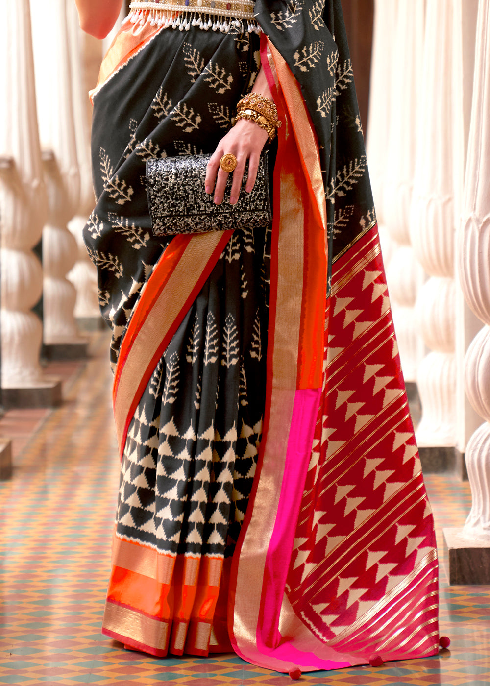 Black & Red Printed Patola Silk Saree