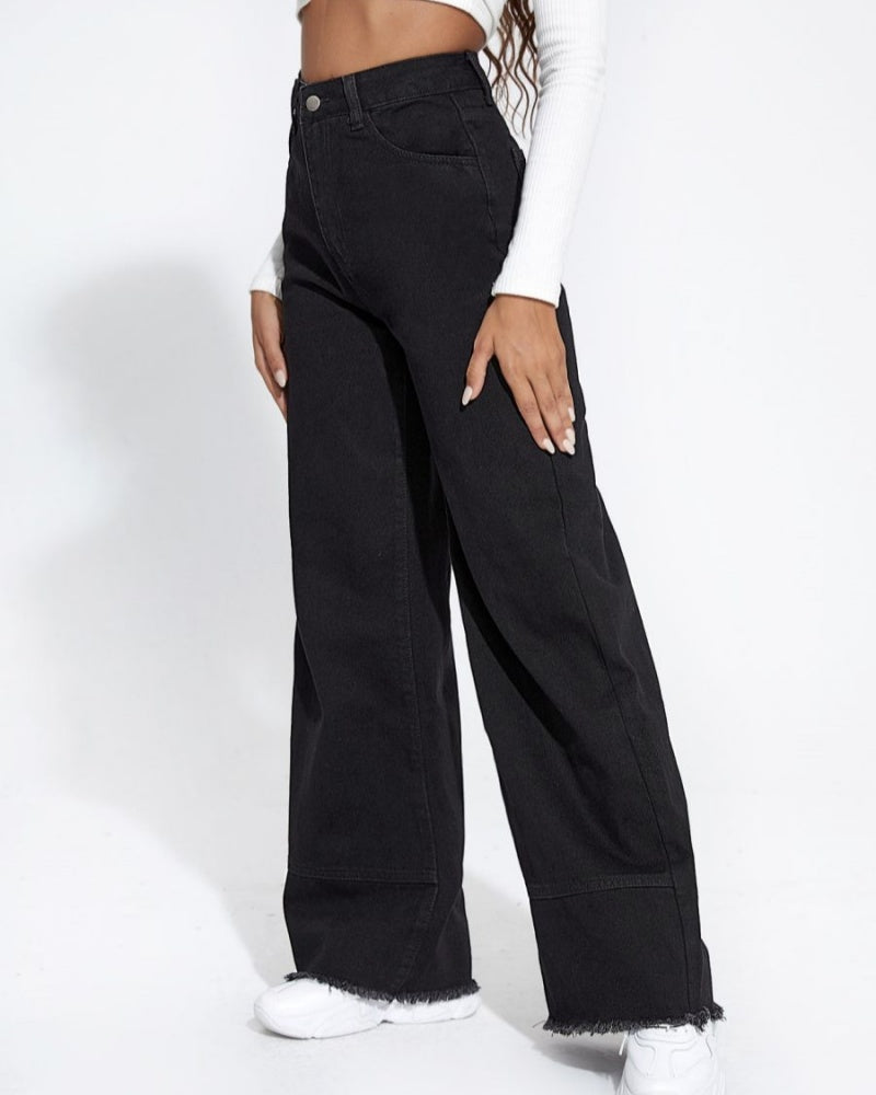 Wide-leg Jeans High Waist Patchwork Raw Edge Loose Trousers  - By Qivii