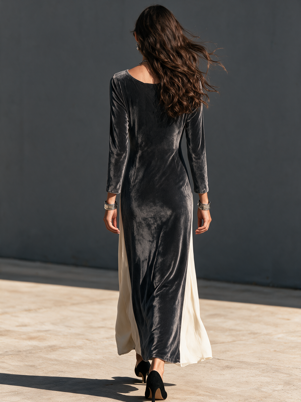 Women's Casual Long-Sleeve Maxi Dress In Dark Gray And White Color-Block Velvet MDZ0172I0LXY