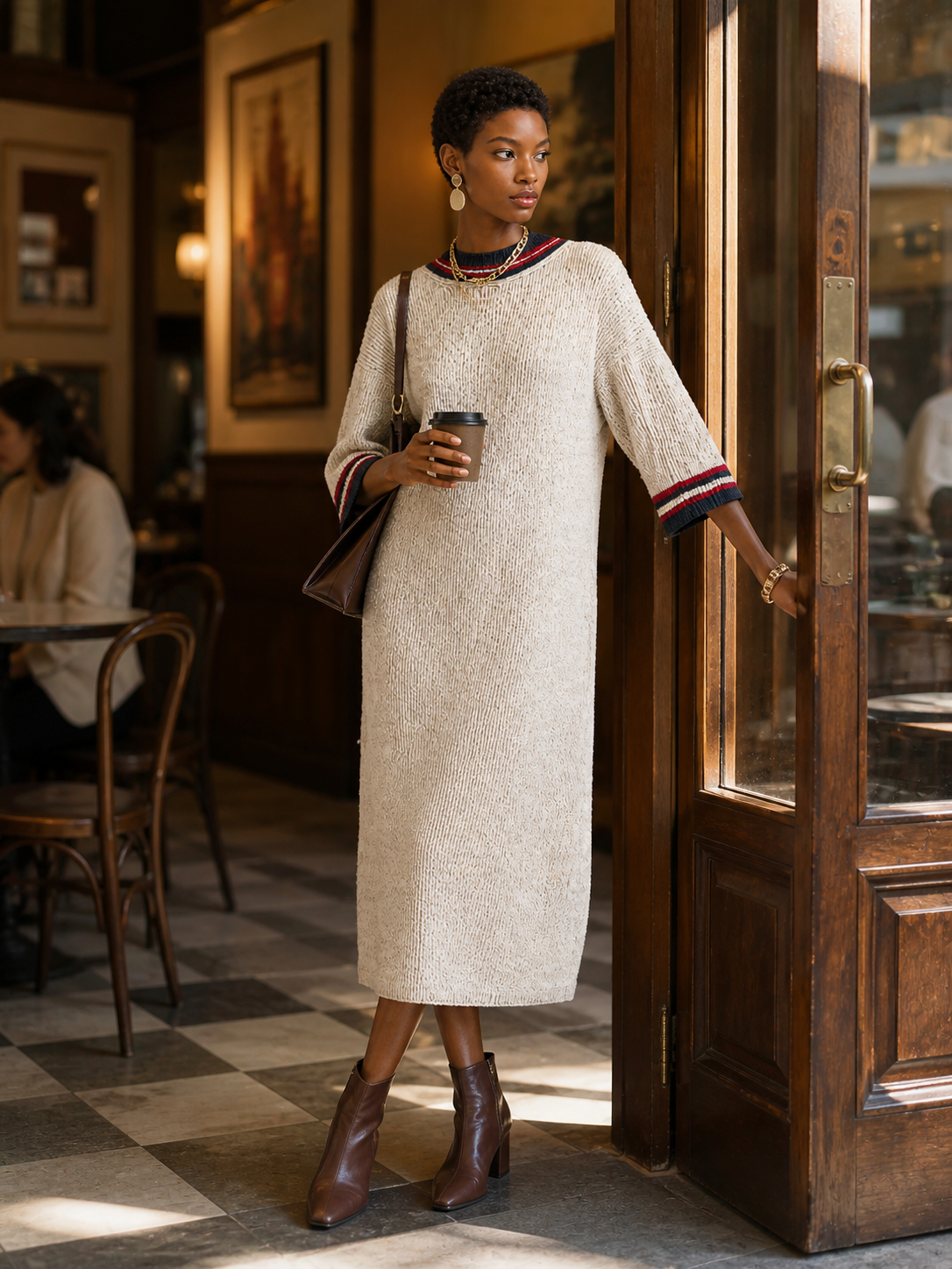 Women's Striped Trim Elegant Knit Midi Dress MDZ1937H3GMJ