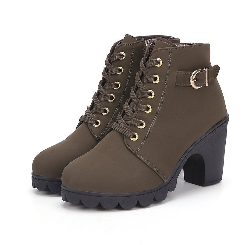 Women's Buckle Decorated Chunky Heel Ankle Boots - Side Zipper & Lace-Up Round Toe Mid-Calf Equestrian Boots (US 4-10)