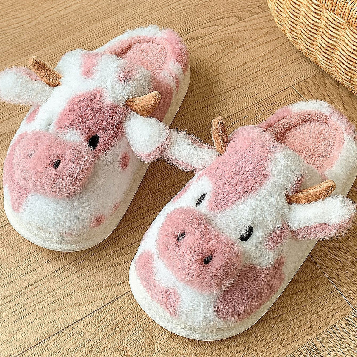 Women's Bessie Cow Plush Slippers - Cute Cow Face Winter House Shoes with Non-Slip Sole (US 5-11)