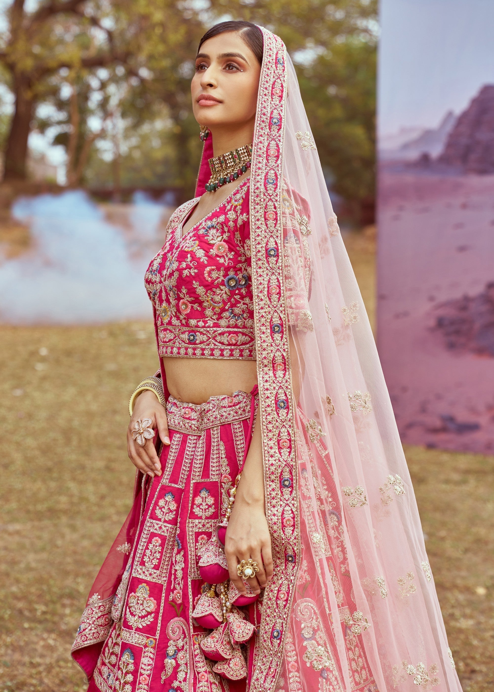 Pink Pure silk Moti, Sequins Embroidery Bridal Lehenga | Ready To Wear - qivii