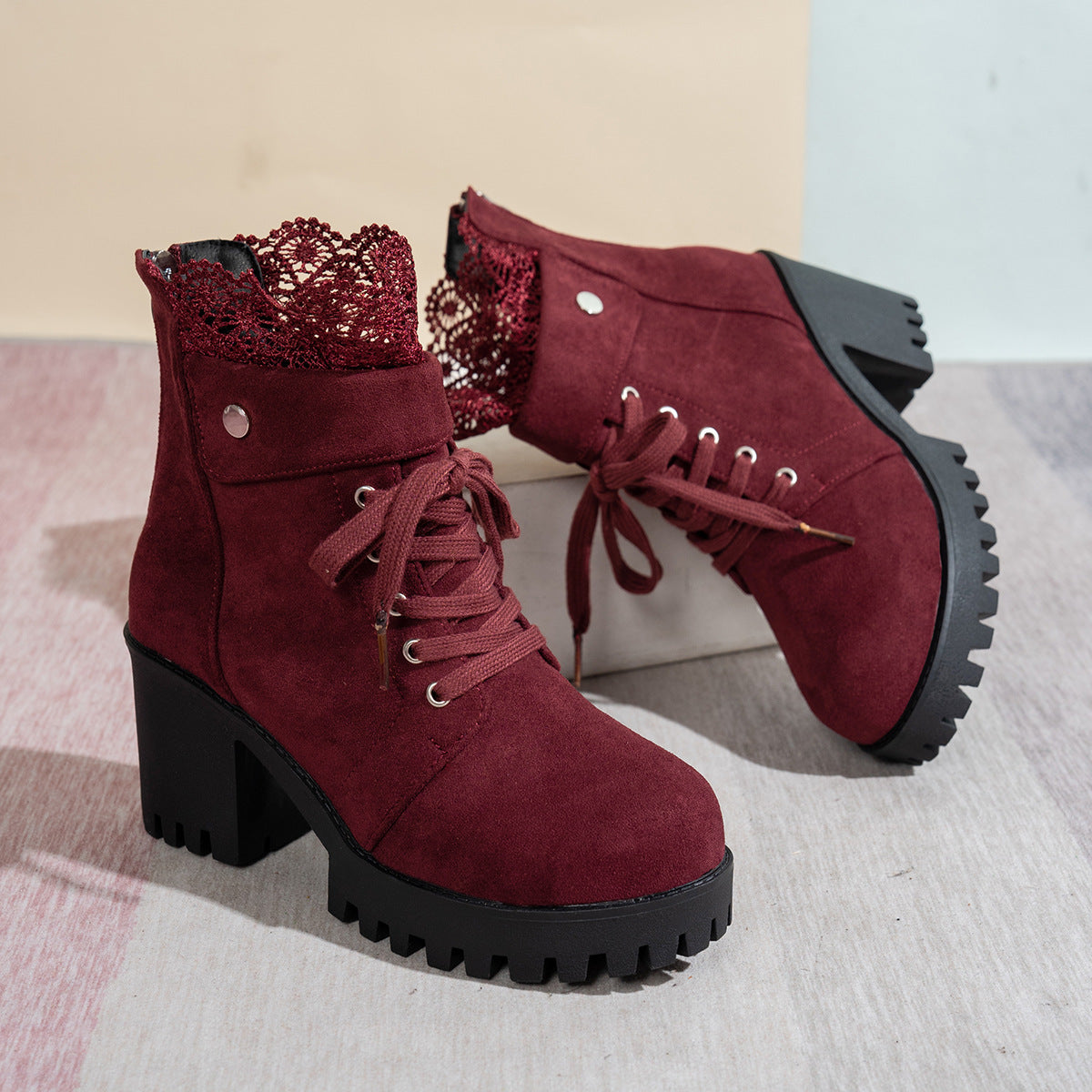Women's Lace & Suede Heeled Boots - Chunky Heel Round Toe Vintage Ankle Boots (US 5-10.5)