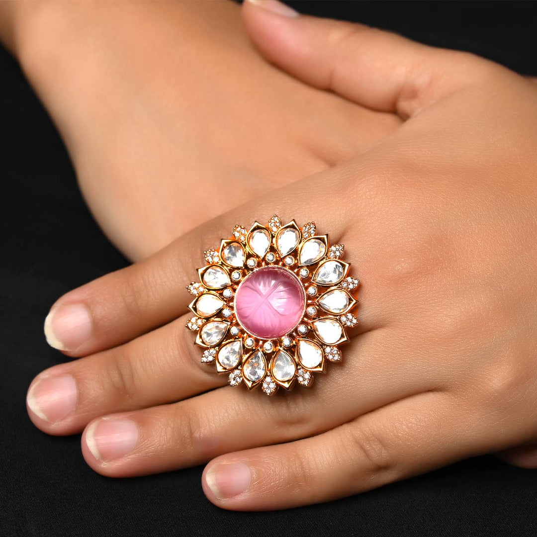 Binita Pink Stone Gold Plated Kundan Ring with intricate floral design