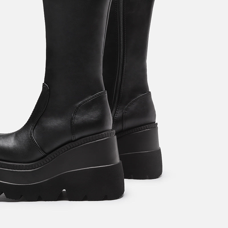 Women's GothRider Platform Mid-Calf Boots – Chunky Wedge Biker Boots (US 4–10.5)
