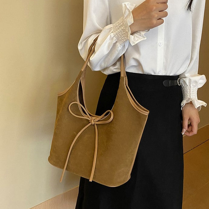 Women's Vintage Matte Tote Bag – Oversized Bow-Accent Shoulder Bag with Crossbody Strap