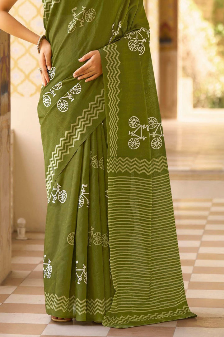 Pesto Corn Green Handblock Printed Saree