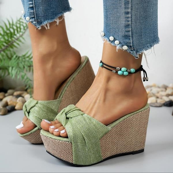 Women's Celeste Bow Peep-Toe Wedge Slide Sandals - Elegant Roman Summer Slides (US 4-10.5)