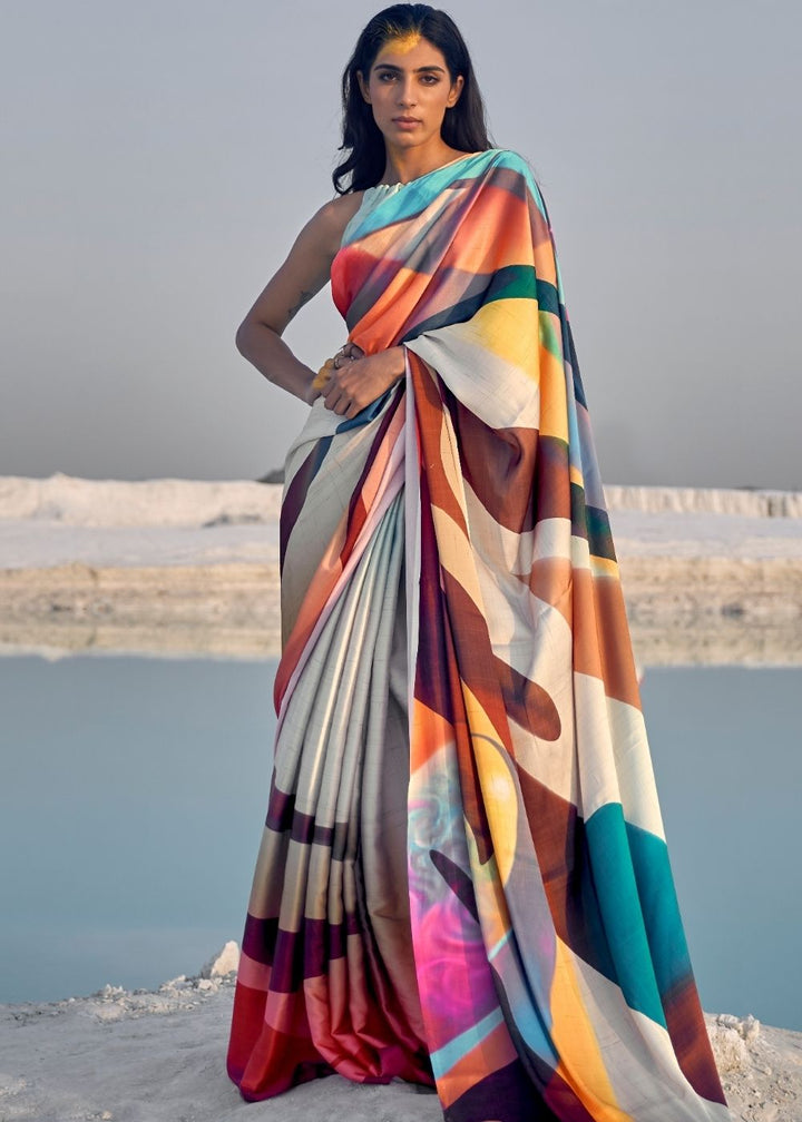 Multicolor Digital Printed Crepe Silk Saree with Floral Design and Gold Border