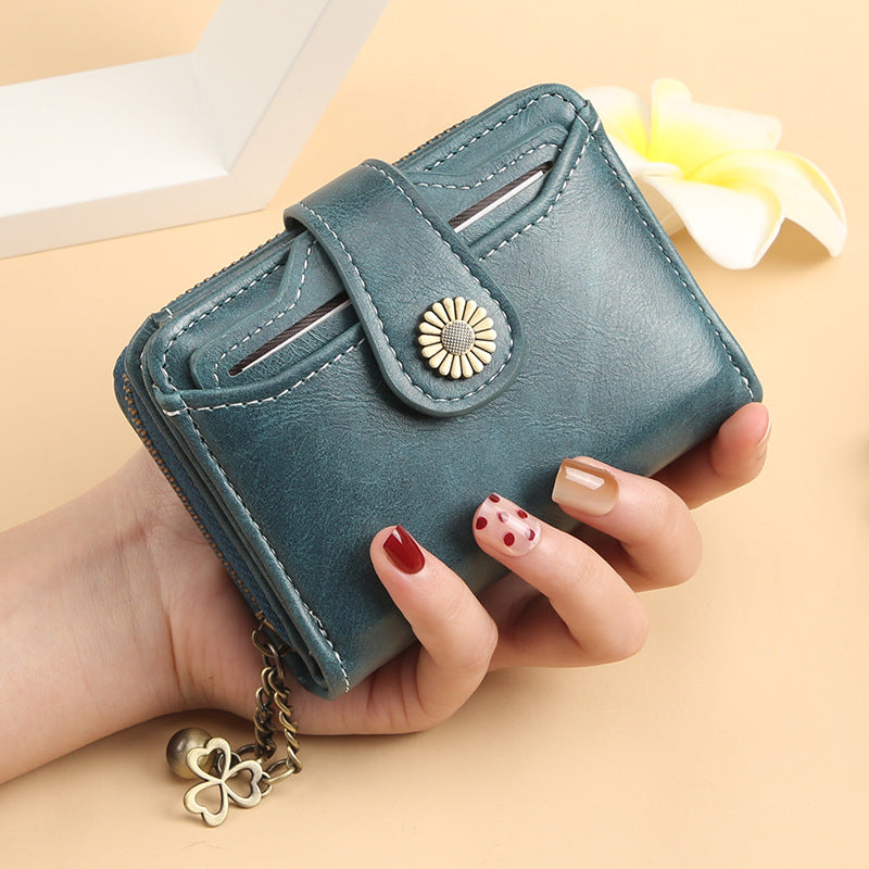 Women's Compact Waxed Leather Wallet – Zip Closure Organizer (Coin Purse, ID Slot & Card Holder)