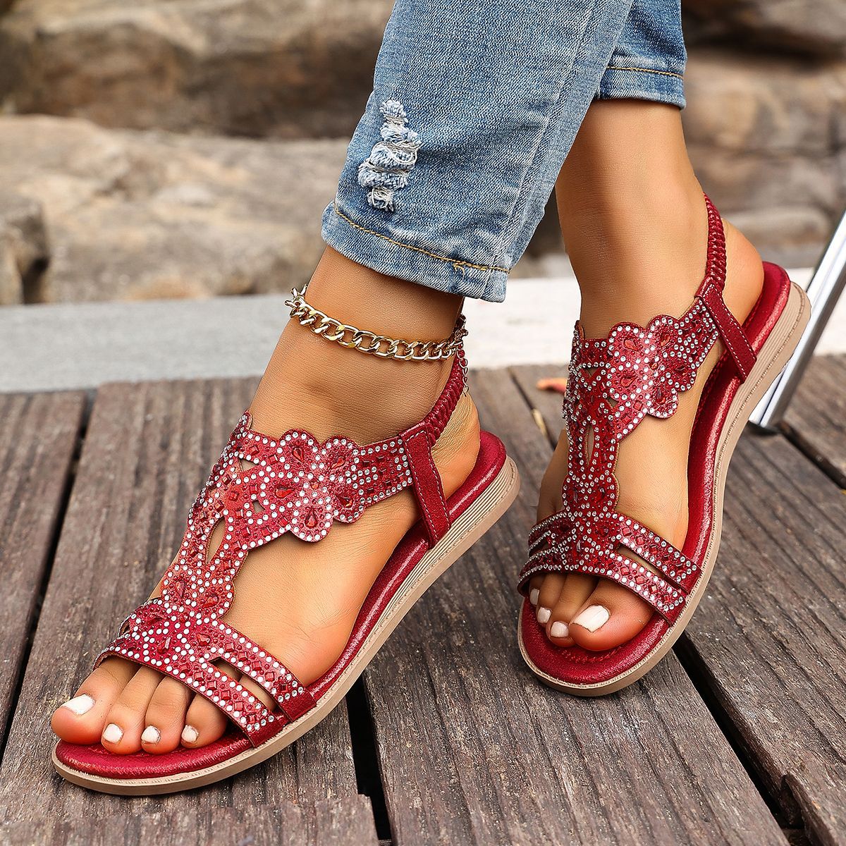 Women's Vesper Woven Bohemian Rhinestone Flat Sandals - Artisan Round-Toe Summer Sandals (US 4-10.5)