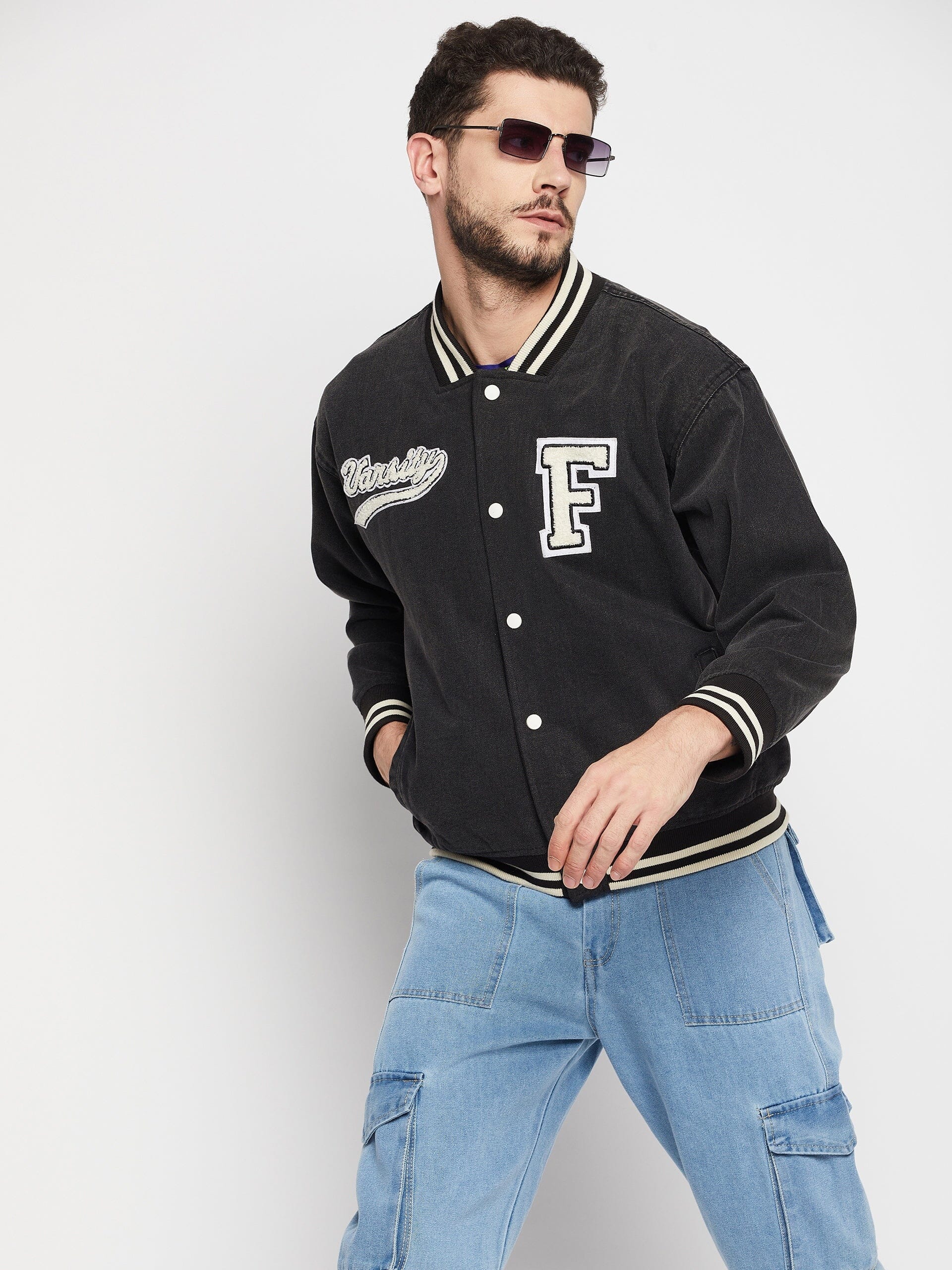 Grey Denim Varsity Jacket