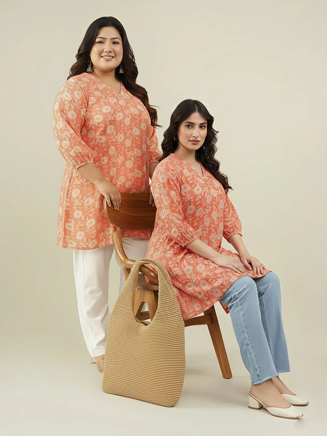 Plus Size Peach Georgette Floral Printed A-line Tunic