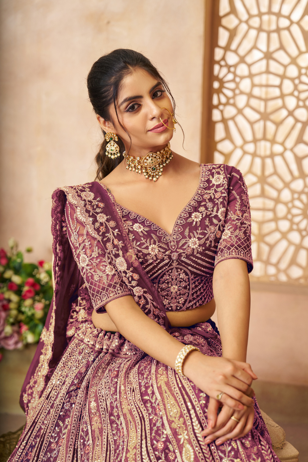 Royal Grandeur Purple Soft Net Bridal Lehenga with Paisley & Peacock Motifs - qivii