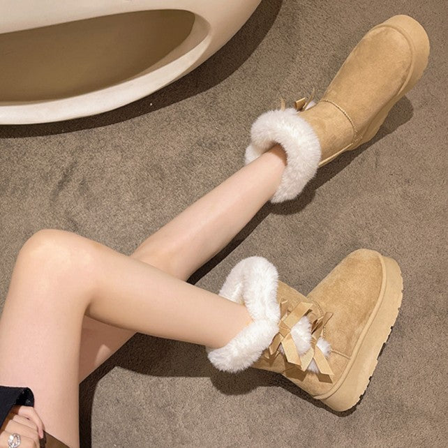Women's Bow-Knit Cozy Winter Boots - Shearling Lined Chunky Platform Snow Boots (US 5-9.5)