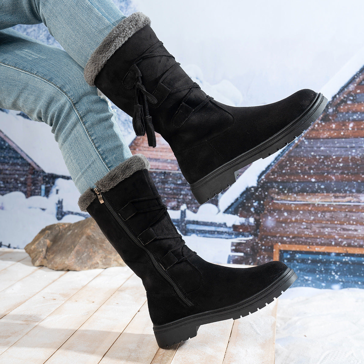 Women's Marlowe Fleece-Lined Mid-Calf Snow Boots - Lace-Up Winter Boots with Side Zip & Faux Fur Trim (US 5-10.5)