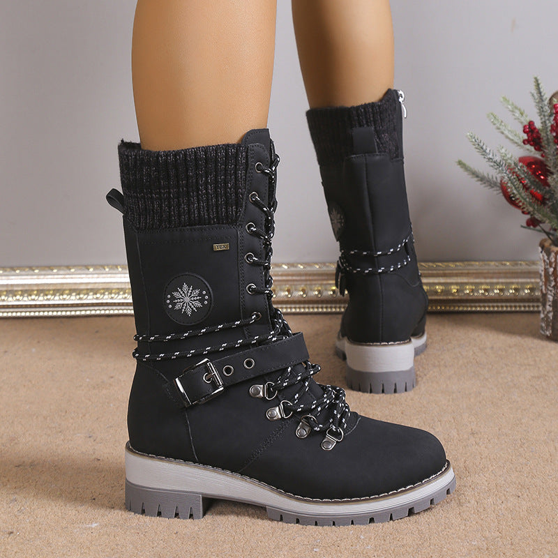 Women's Nordic Knit Combat Boot - High-Shaft Thermal Cotton Lined Snow Boots with Block Heel & Leather Accents Design (US 5-10.5)