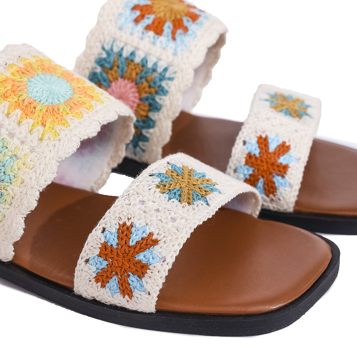 Women’s SunBloom Knit Flat Slides – Square-Toe Boho Embroidered Sandals (US 5–10)
