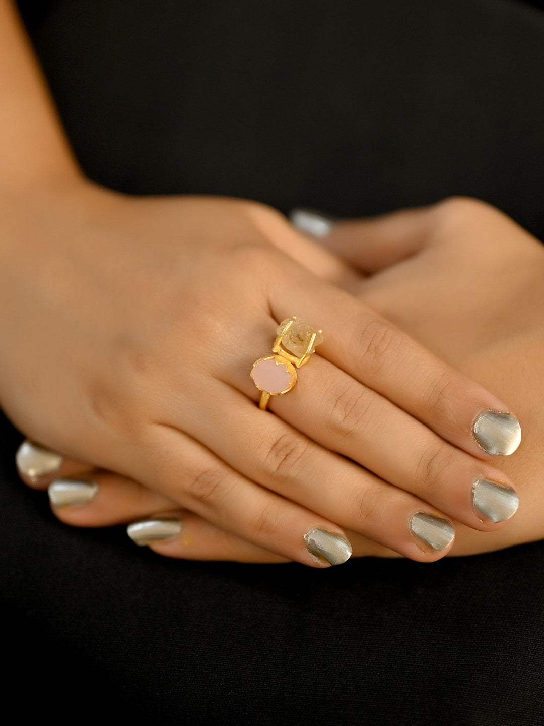 Nirja Natural Stone Finger Ring featuring a polished turquoise stone set in a sterling silver band with intricate detailing