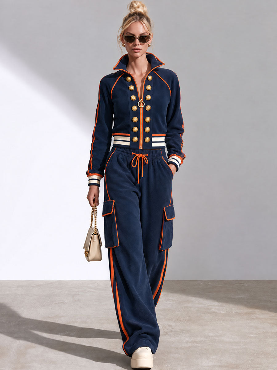Sporty Retro Double-breasted Decorative Button-down Blue Jacket And Trousers Set  - By Qivii